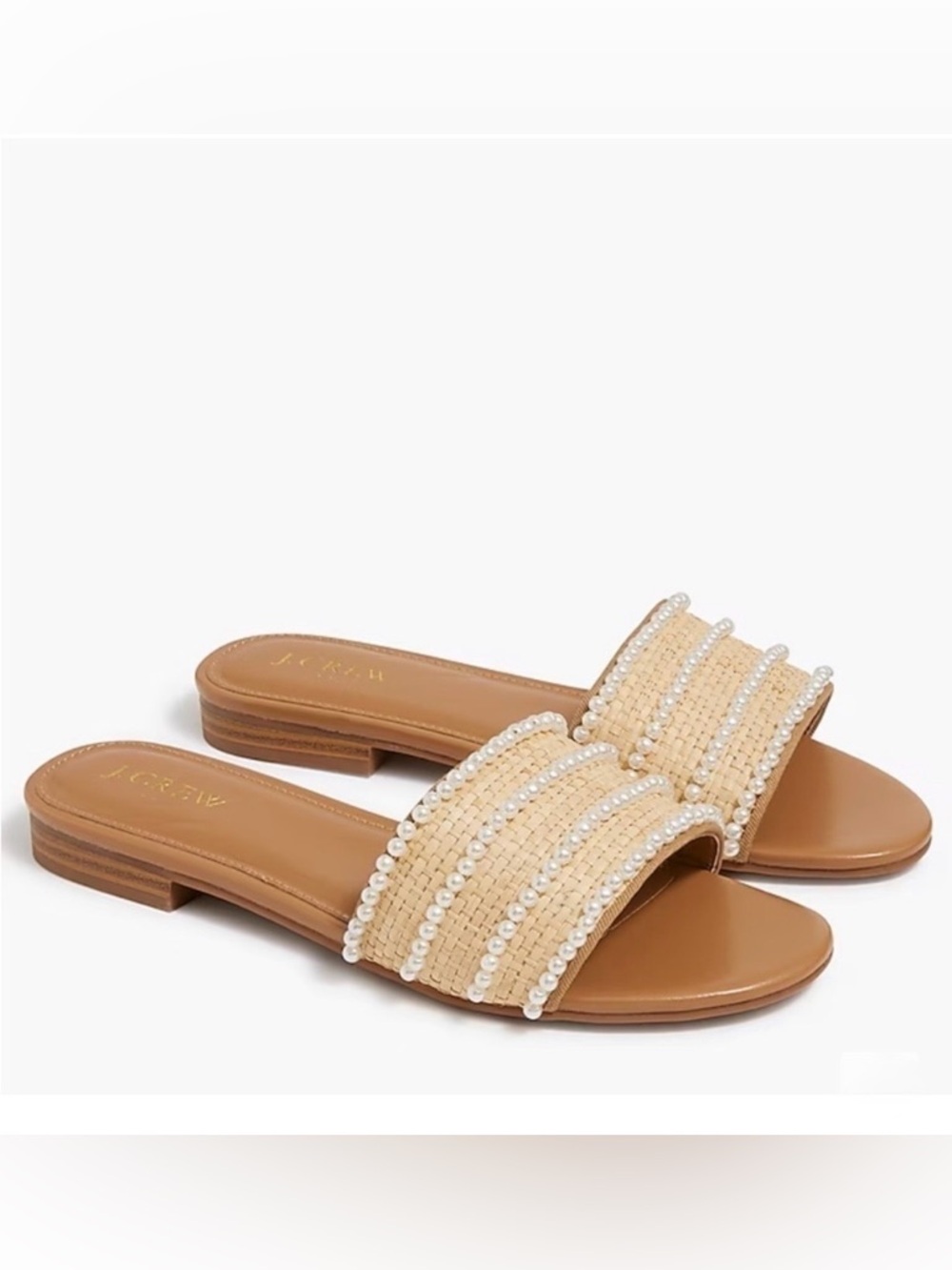 J Crew Raffia Pearl, Flat Slide Sandals Size 8